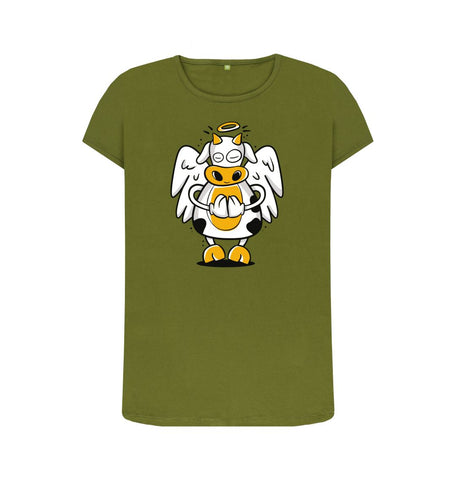 Moss Green Angelic Cow Women's Crew Neck T-Shirt